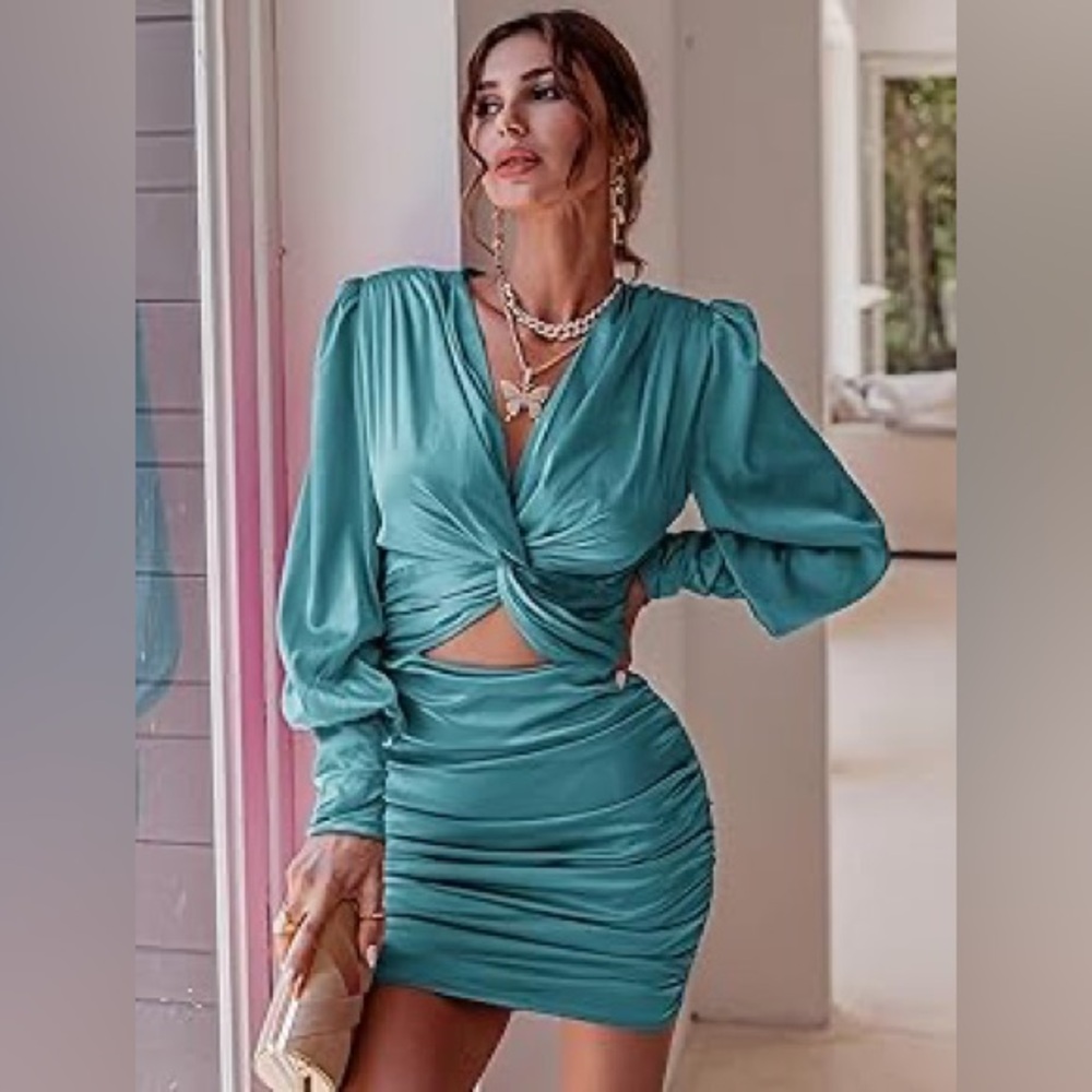 NWT Glamark Teal Mini Satin Wrap Dress Size Medium